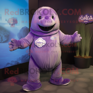 Purple Stellar'S Sea Cow mascot costume character dressed with a Jacket and Watches
