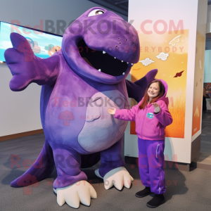 Purple Stellar'S Sea Cow mascot costume character dressed with a Jacket and Watches