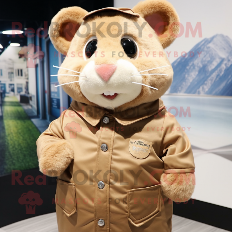 Tan Hamster mascot costume character dressed with a Parka and Tie pins