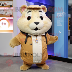 Tan Hamster mascot costume character dressed with a Parka and Tie pins