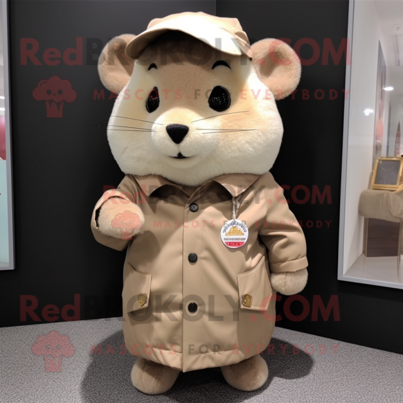 Tan Hamster mascot costume character dressed with a Parka and Tie pins