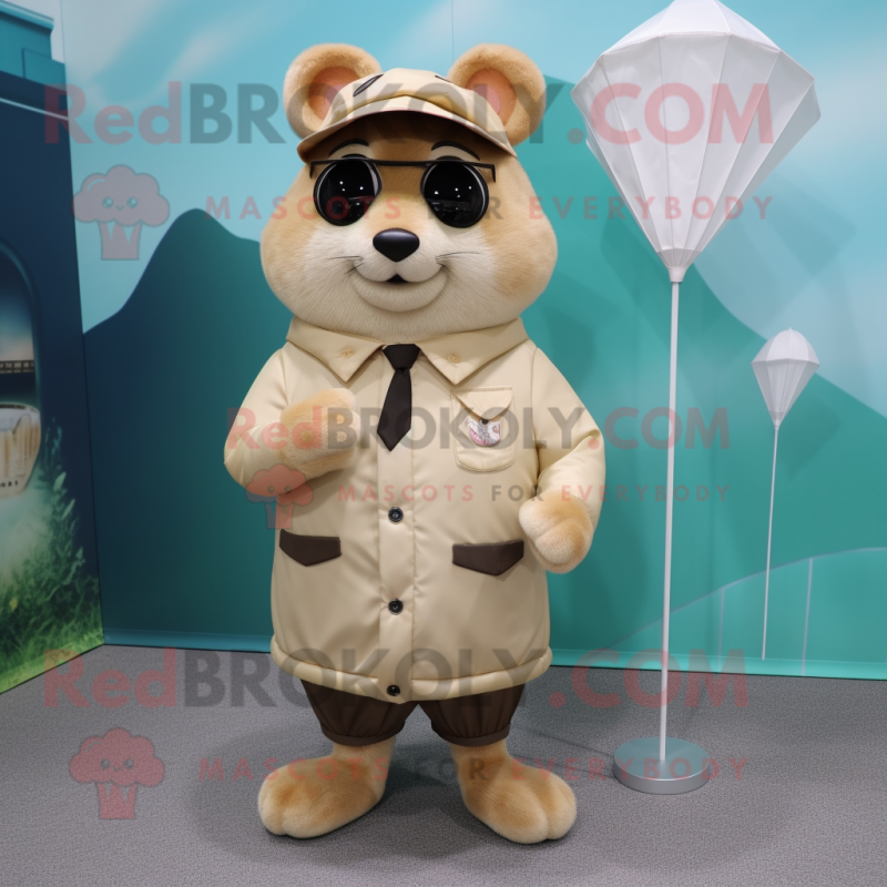 Tan Hamster mascot costume character dressed with a Parka and Tie pins