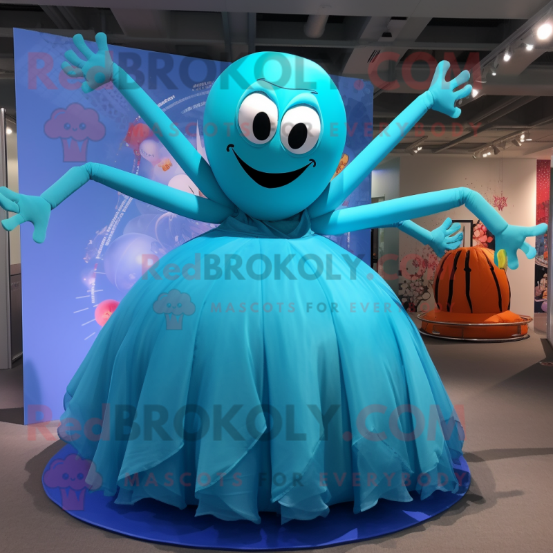 Turquoise Spider mascot costume character dressed with a Ball Gown and Rings