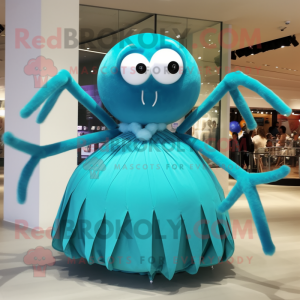Turquoise Spider mascot costume character dressed with a Ball Gown and Rings