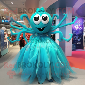 Turquoise Spider mascot costume character dressed with a Ball Gown and Rings