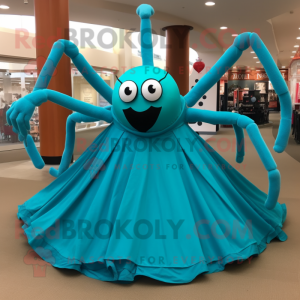 Turquoise Spider mascot costume character dressed with a Ball Gown and Rings