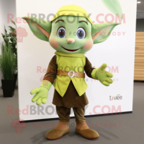 Olive Elf mascot costume character dressed with a Vest and Pocket squares