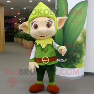 Olive Elf mascot costume character dressed with a Vest and Pocket squares
