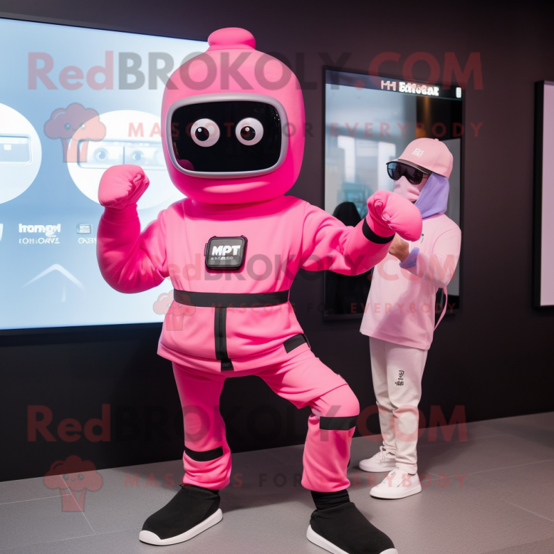 Pink Soldier mascot costume character dressed with a Hoodie and Smartwatches