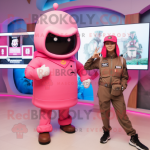 Pink Soldier mascot costume character dressed with a Hoodie and Smartwatches