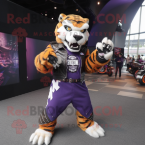 Purple Saber-Toothed Tiger mascot costume character dressed with a Moto Jacket and Bracelets