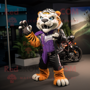 Purple Saber-Toothed Tiger mascot costume character dressed with a Moto Jacket and Bracelets