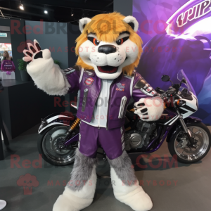 Purple Saber-Toothed Tiger mascot costume character dressed with a Moto Jacket and Bracelets