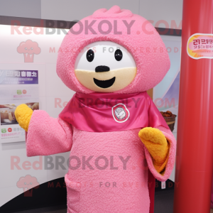 Pink Fried Rice mascot costume character dressed with a Coat and Brooches