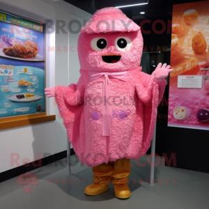 Pink Fried Rice mascot costume character dressed with a Coat and Brooches