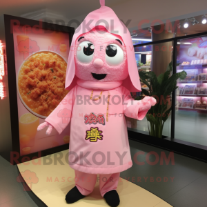Pink Fried Rice mascot costume character dressed with a Coat and Brooches