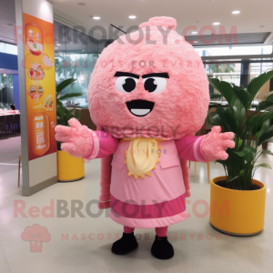 Pink Fried Rice mascot costume character dressed with a Coat and Brooches