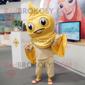 Gold Ceviche mascot costume character dressed with a Chinos and Shawl pins