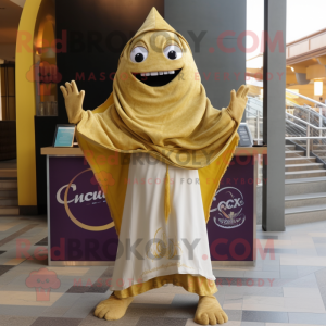 Gold Ceviche mascot costume character dressed with a Chinos and Shawl pins