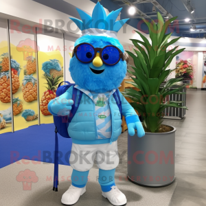 Sky Blue Pineapple mascot costume character dressed with a Bermuda Shorts and Backpacks