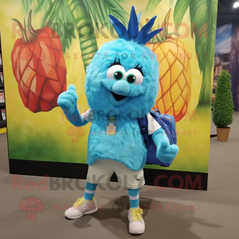 Sky Blue Pineapple mascot costume character dressed with a Bermuda Shorts and Backpacks