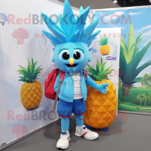 Sky Blue Pineapple mascot costume character dressed with a Bermuda Shorts and Backpacks