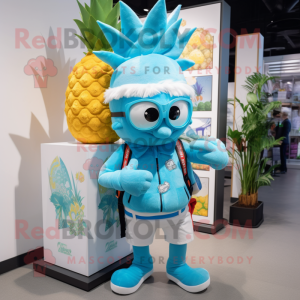 Sky Blue Pineapple mascot costume character dressed with a Bermuda Shorts and Backpacks