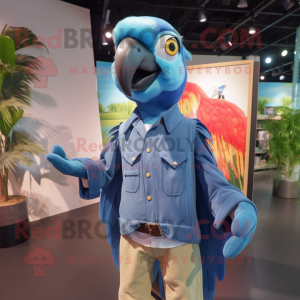 Sky Blue Macaw mascot costume character dressed with a Jeans and Bow ties