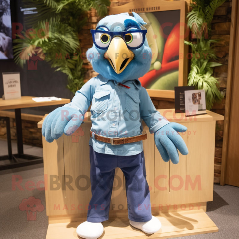 Sky Blue Macaw mascot costume character dressed with a Jeans and Bow ties