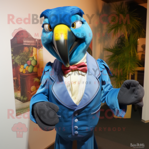 Sky Blue Macaw mascot costume character dressed with a Jeans and Bow ties