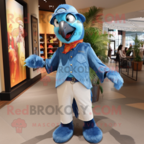 Sky Blue Macaw mascot costume character dressed with a Jeans and Bow ties