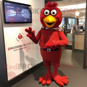 Red Tandoori Chicken mascot costume character dressed with a Dress Pants and Smartwatches