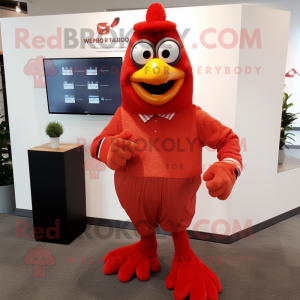 Red Tandoori Chicken mascot costume character dressed with a Dress Pants and Smartwatches