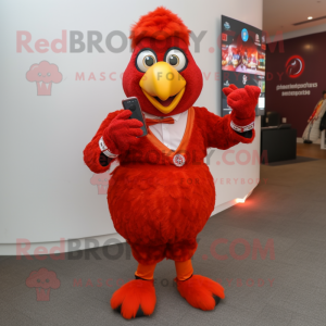 Red Tandoori Chicken mascot costume character dressed with a Dress Pants and Smartwatches