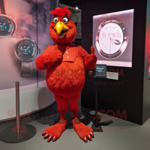 Red Tandoori Chicken mascot costume character dressed with a Dress Pants and Smartwatches