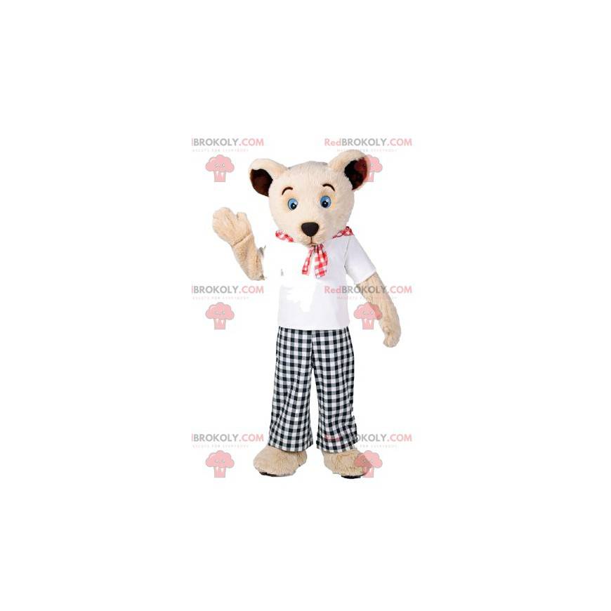 Medvěd maskot s jeho černé a bílé gingham kalhoty -