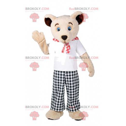 Mascota del oso con sus pantalones de cuadros en blanco y negro