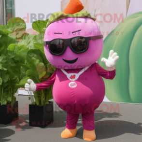 Pink Turnip mascot costume character dressed with a Waistcoat and Sunglasses