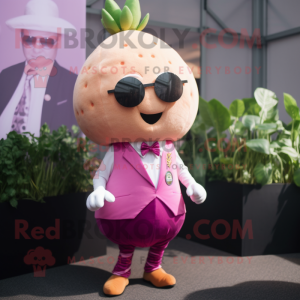 Pink Turnip mascot costume character dressed with a Waistcoat and Sunglasses