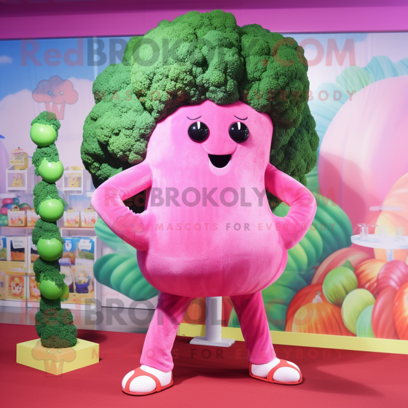 Pink Broccoli mascot costume character dressed with a Swimwear and Brooches Pink Broccoli mascot costume character dressed with a Swimwear and Brooches