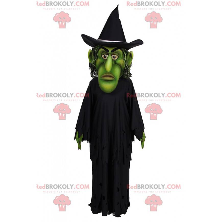 Maskotka zielonego czarodzieja z peleryną i czarnym kapeluszem