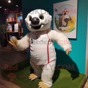 White Sloth mascot costume character dressed with a Running Shorts and Lapel pins
