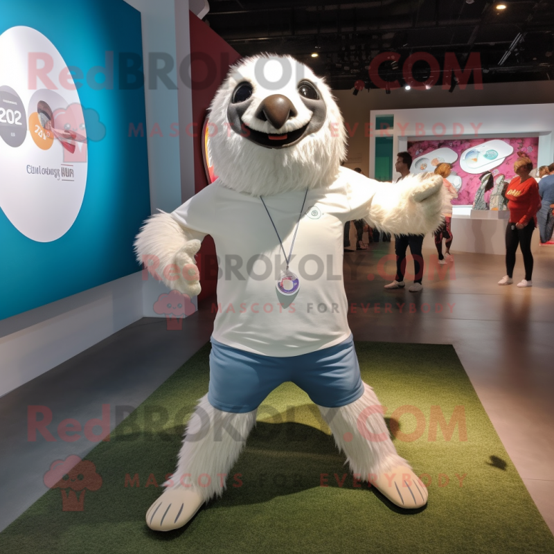 White Sloth mascot costume character dressed with a Running Shorts and Lapel pins