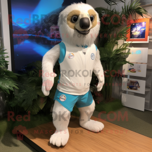 White Sloth mascot costume character dressed with a Running Shorts and Lapel pins