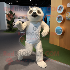 White Sloth mascot costume character dressed with a Running Shorts and Lapel pins