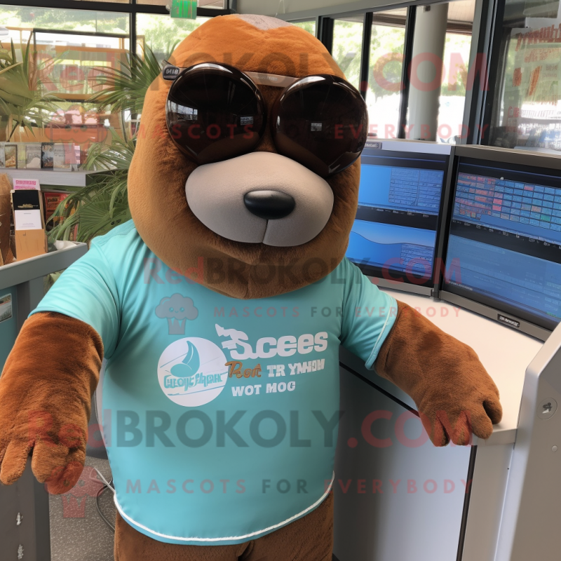 Rust Stellar'S Sea Cow mascot costume character dressed with a Long Sleeve Tee and Sunglasses