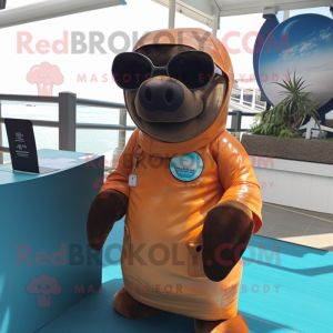 Rust Stellar'S Sea Cow mascot costume character dressed with a Long Sleeve Tee and Sunglasses