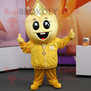 Gold Aglet mascot costume character dressed with a Sweatshirt and Tie pins