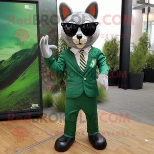 Forest Green Cat mascot costume character dressed with a Suit Jacket and Sunglasses