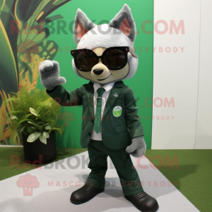 Forest Green Cat mascot costume character dressed with a Suit Jacket and Sunglasses